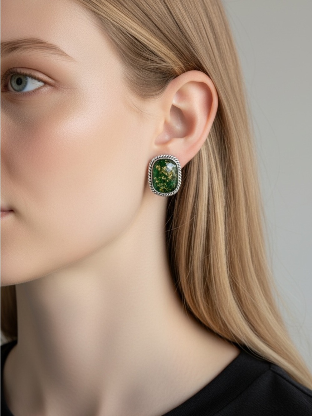 10/10 Sterling Silver Green Statement Stud Earrings